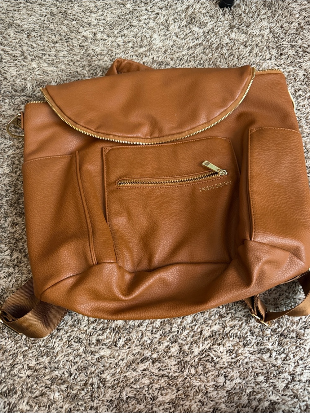Fawn Design Cognac Faux Leather Large Diaper Bag Backpack with Gold Hardware